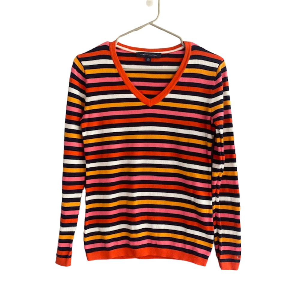 Tommy Hilfiger Orange Multicolor Cotton Long Sleeve Pullover Sweater Women Sz XS